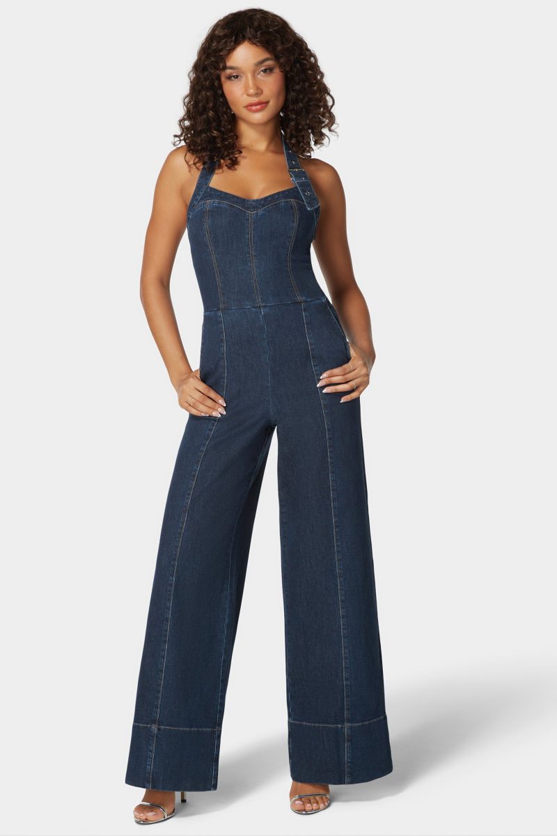 Halter Neck Buckle Detail Wide Leg Denim Jumpsuit