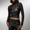 Mock Neck Mesh Combo Vegan Leather Top