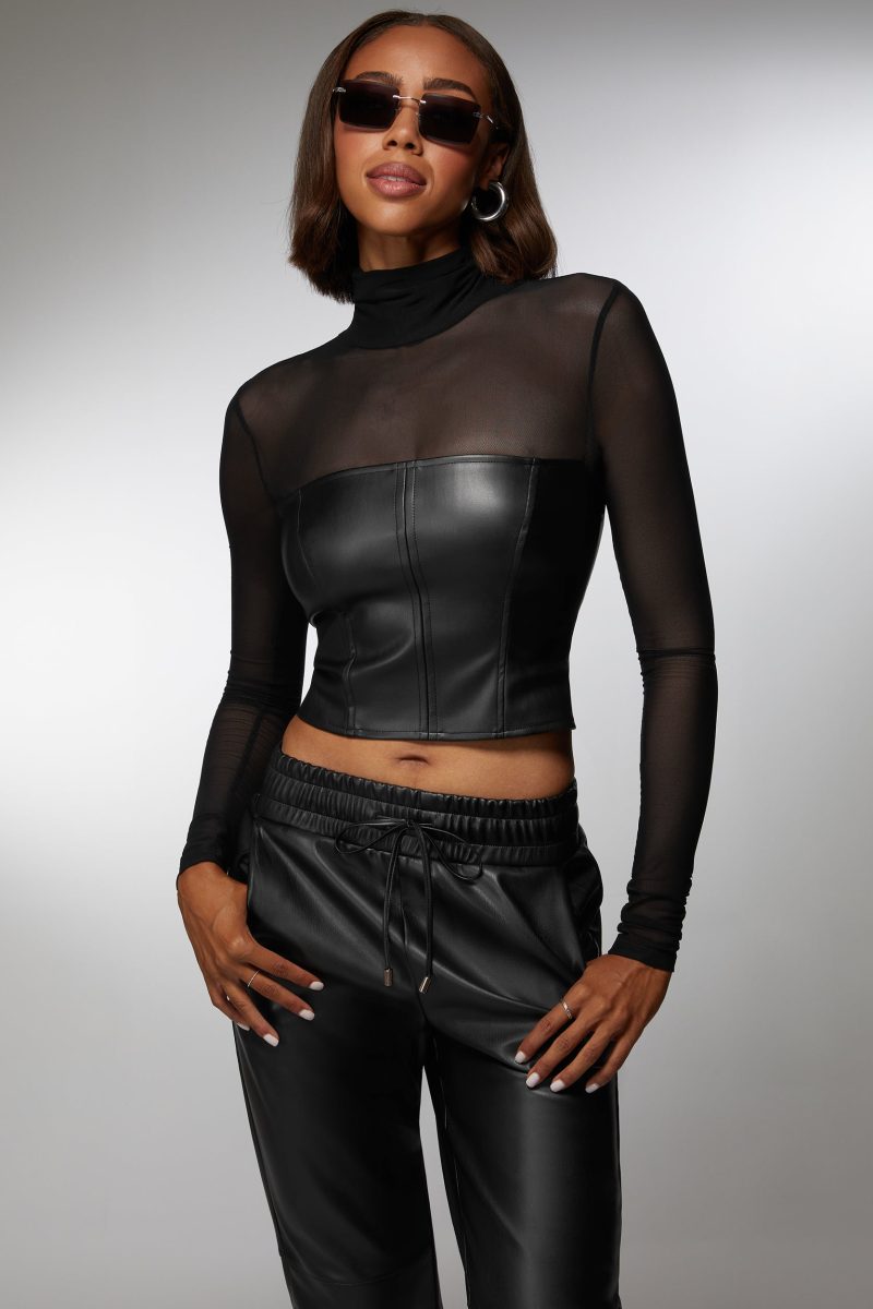 Mock Neck Mesh Combo Vegan Leather Top