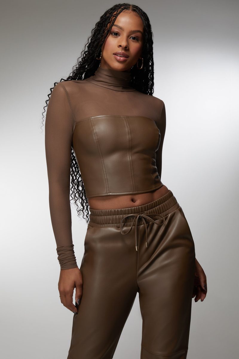 Mock Neck Mesh Combo Vegan Leather Top