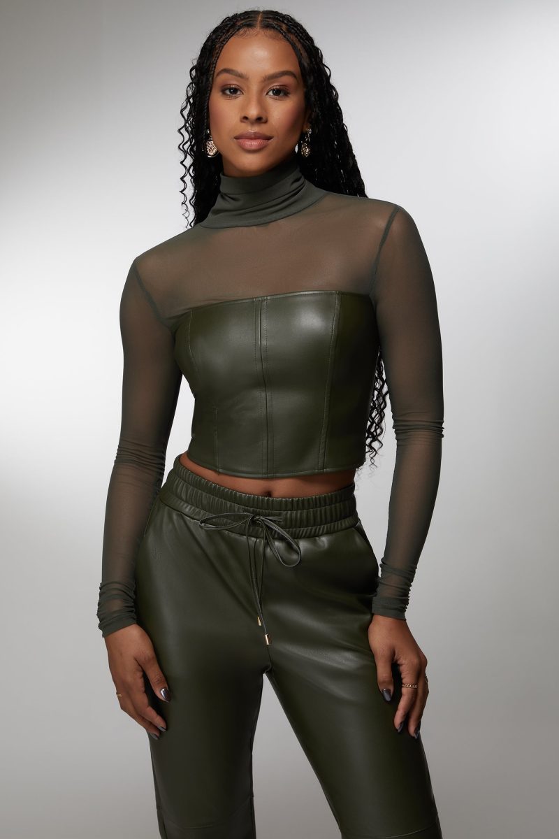 Mock Neck Mesh Combo Vegan Leather Top