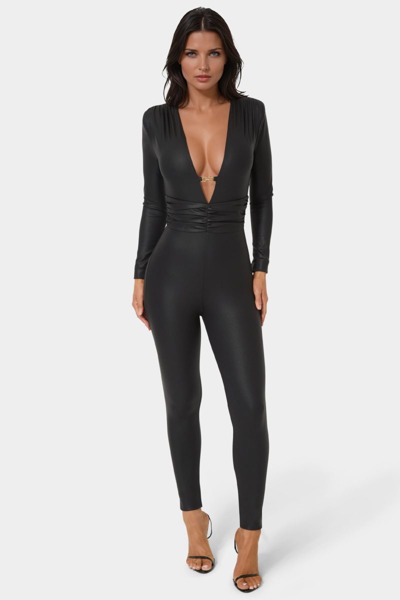 Plunging V-Neck Metal Trim Detail Catsuit