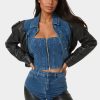 Vegan Leather Combo Denim Moto Jacket