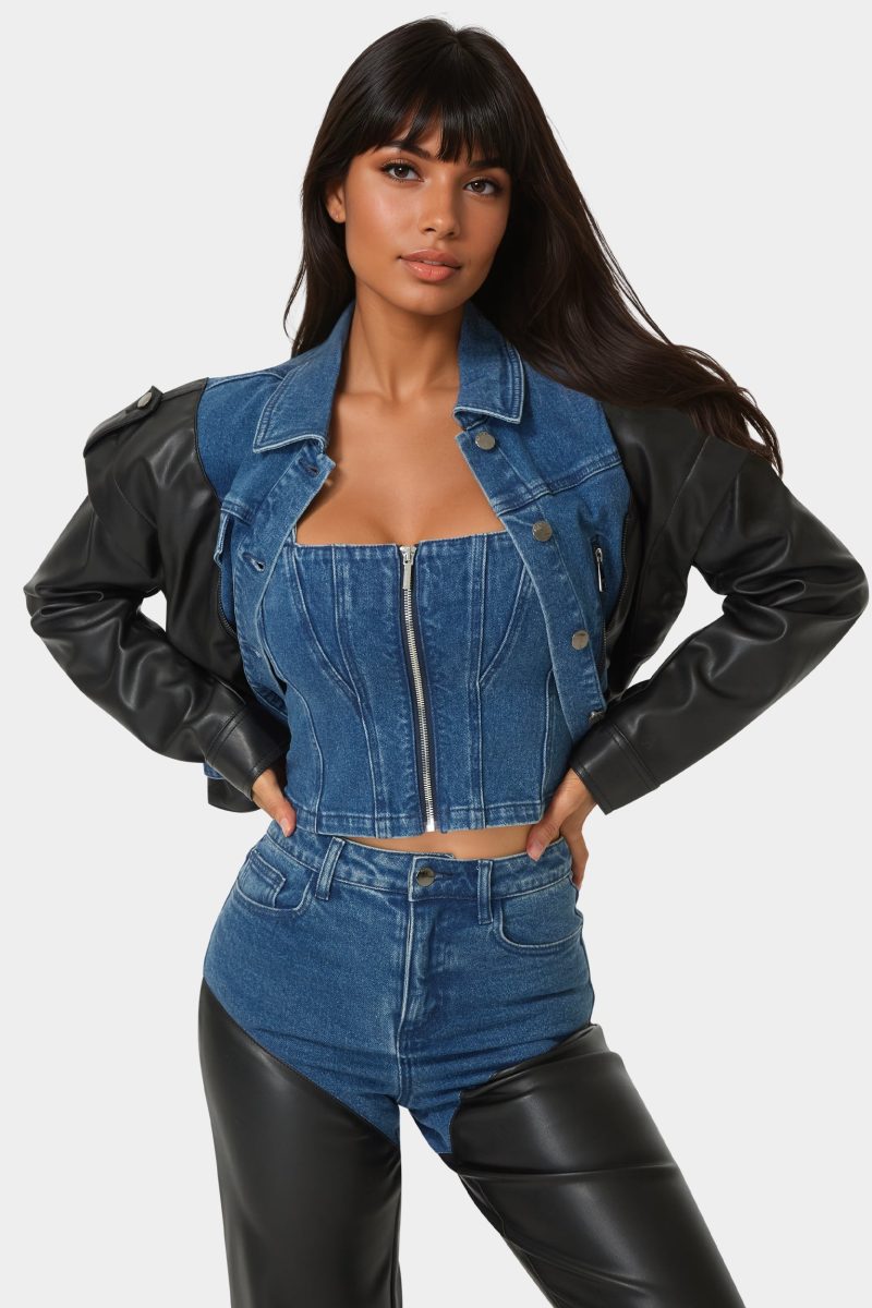 Vegan Leather Combo Denim Moto Jacket