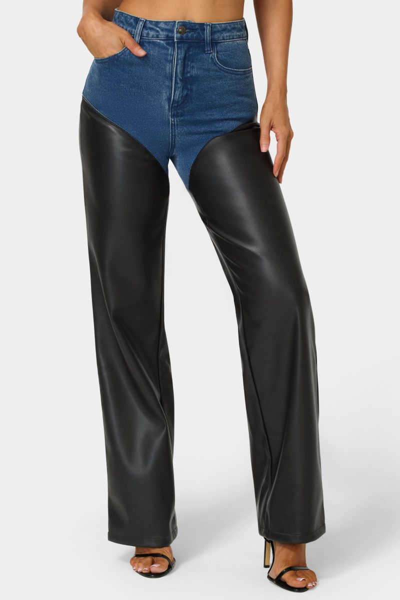 High Waist Vegan Leather Combo Wide Leg Jean