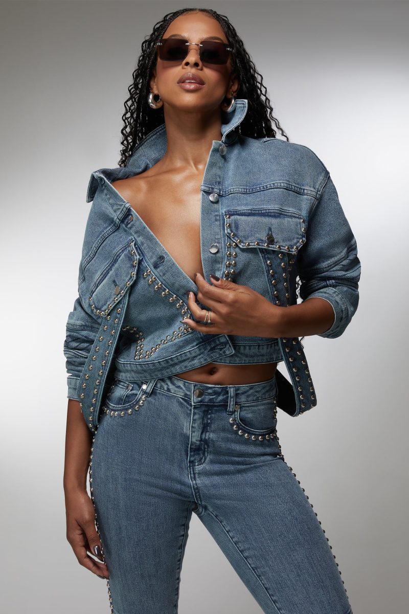 Drop Shoulder Studded Denim Jacket