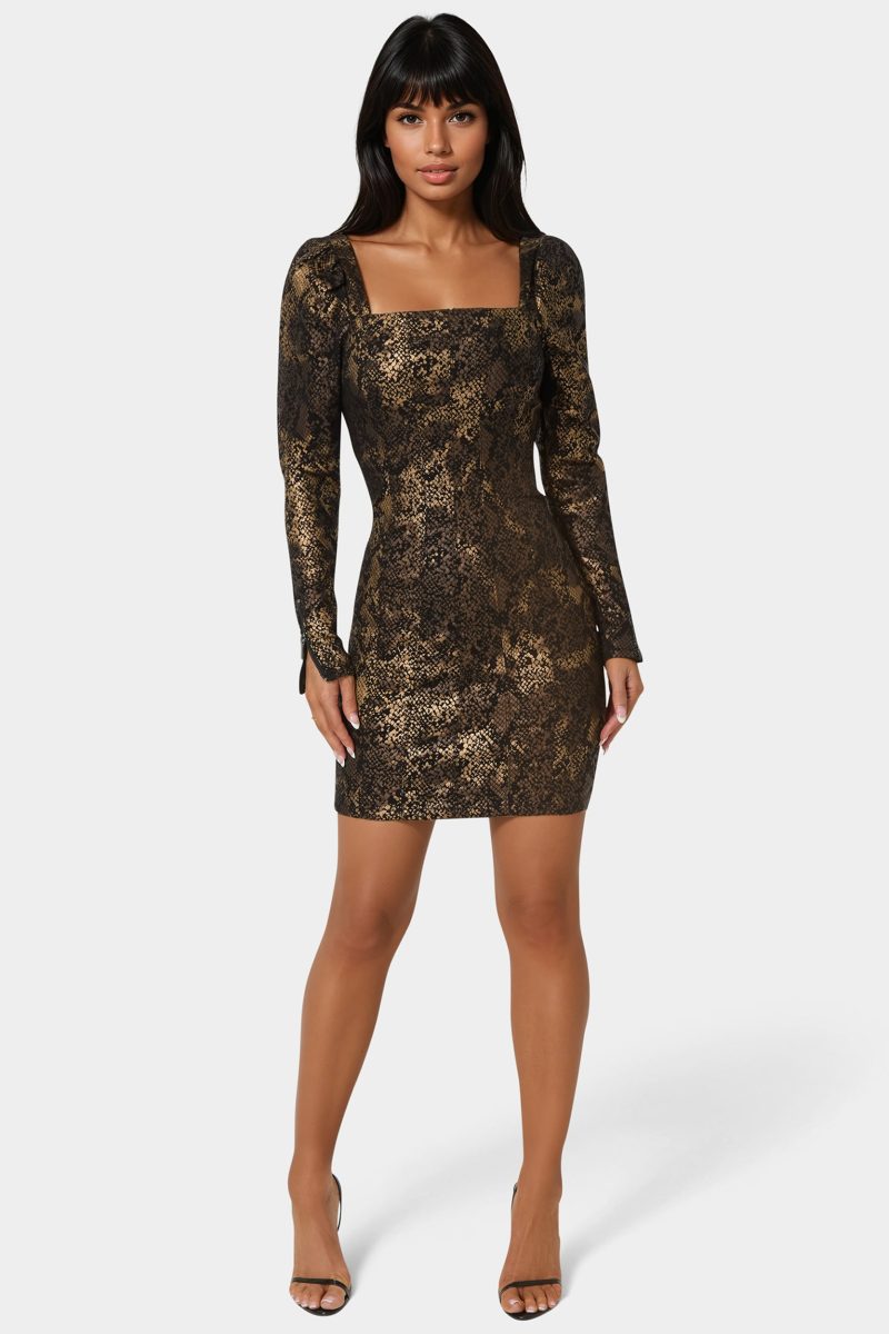 Puff Sleeve Fitted Foil Print Denim Dress