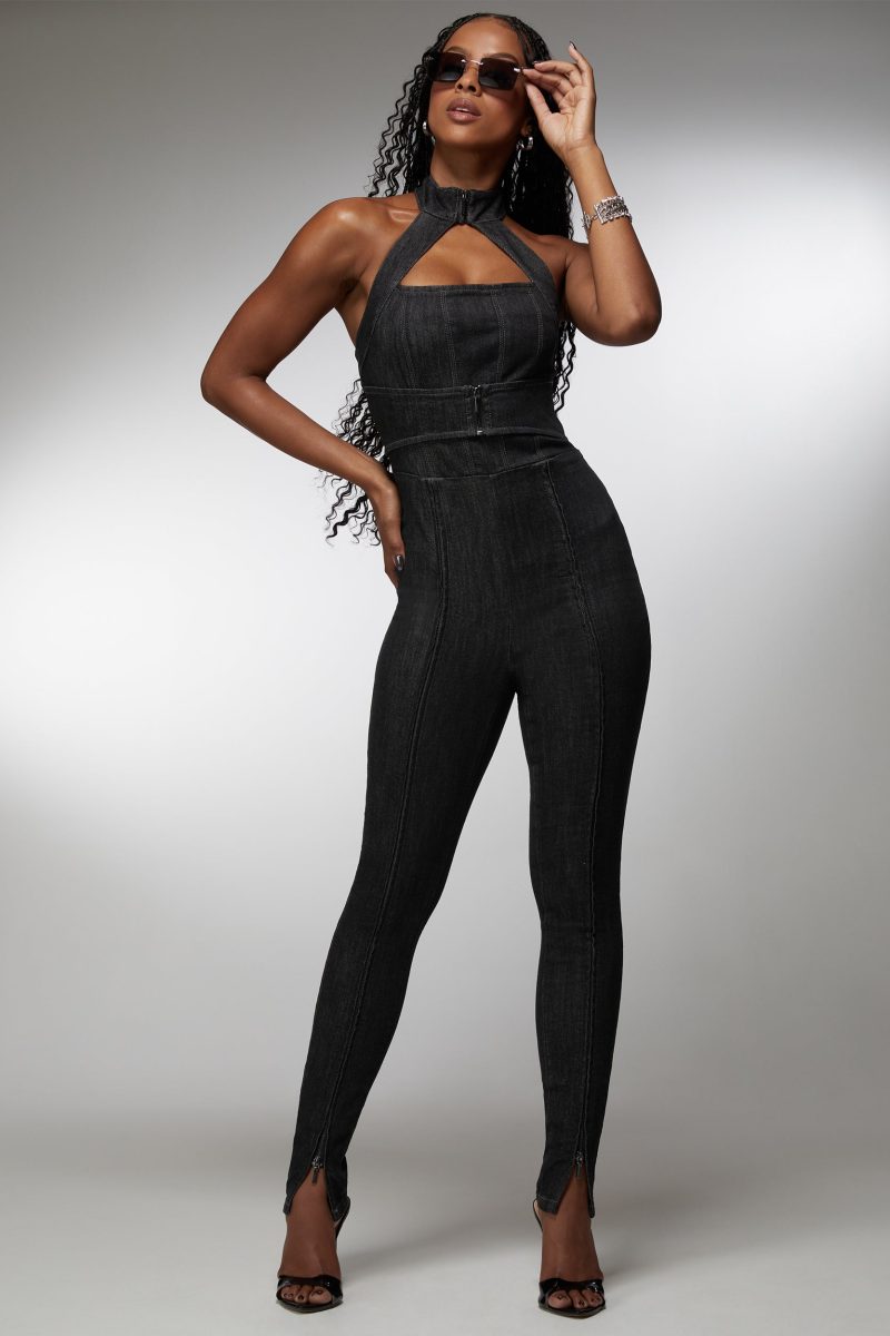 Halter Multi Zip Slim Leg Denim Jumpsuit