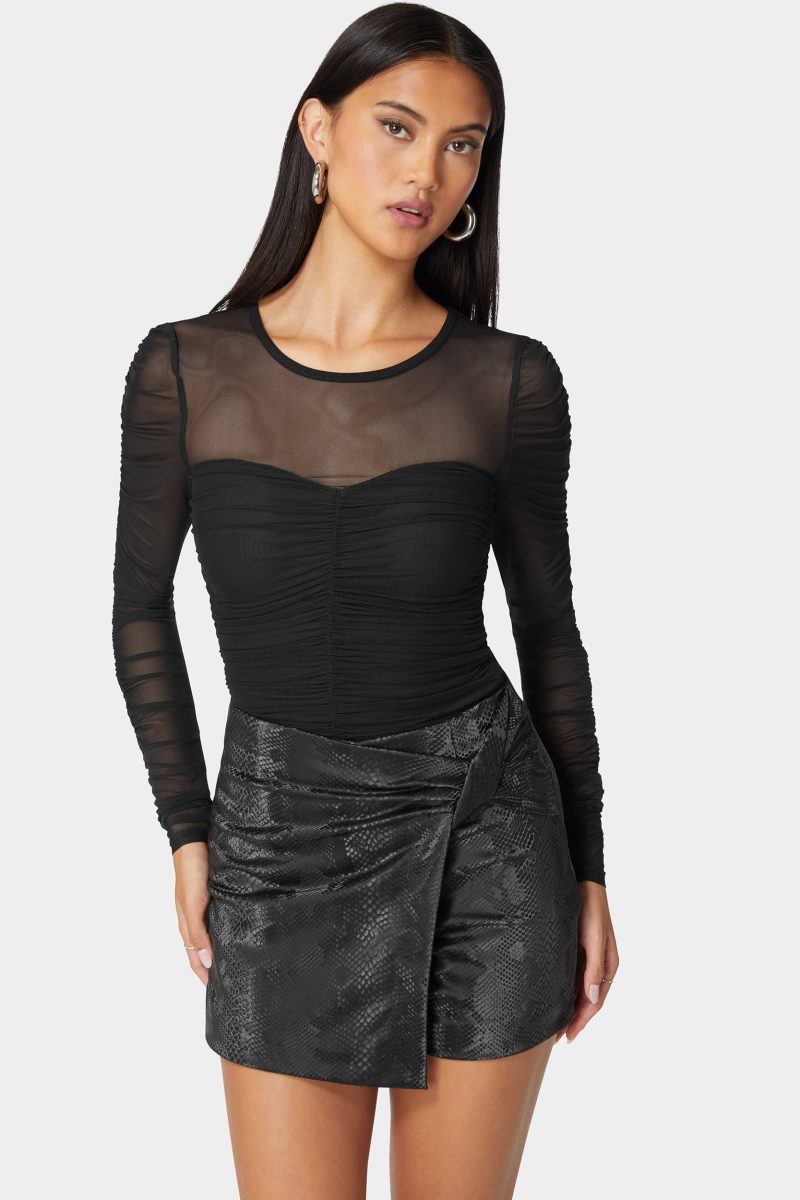 Sweetheart Neckline Shirred Mesh Bodysuit