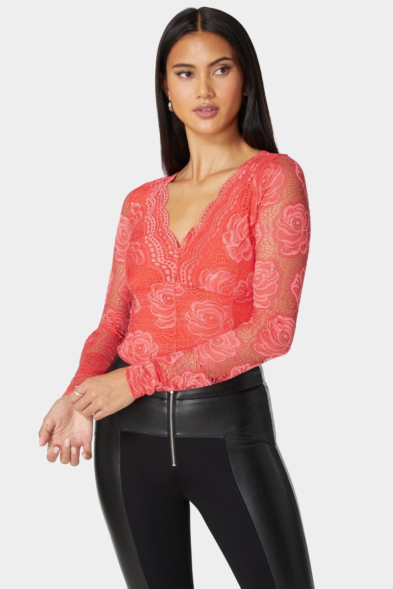 Scallop Edge Long Sleeve Lace Bodysuit