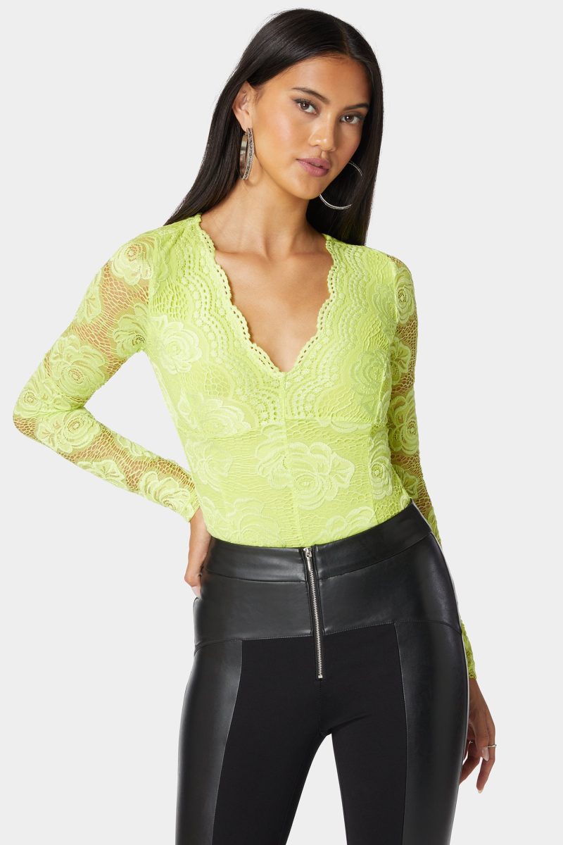 Scallop Edge Long Sleeve Lace Bodysuit