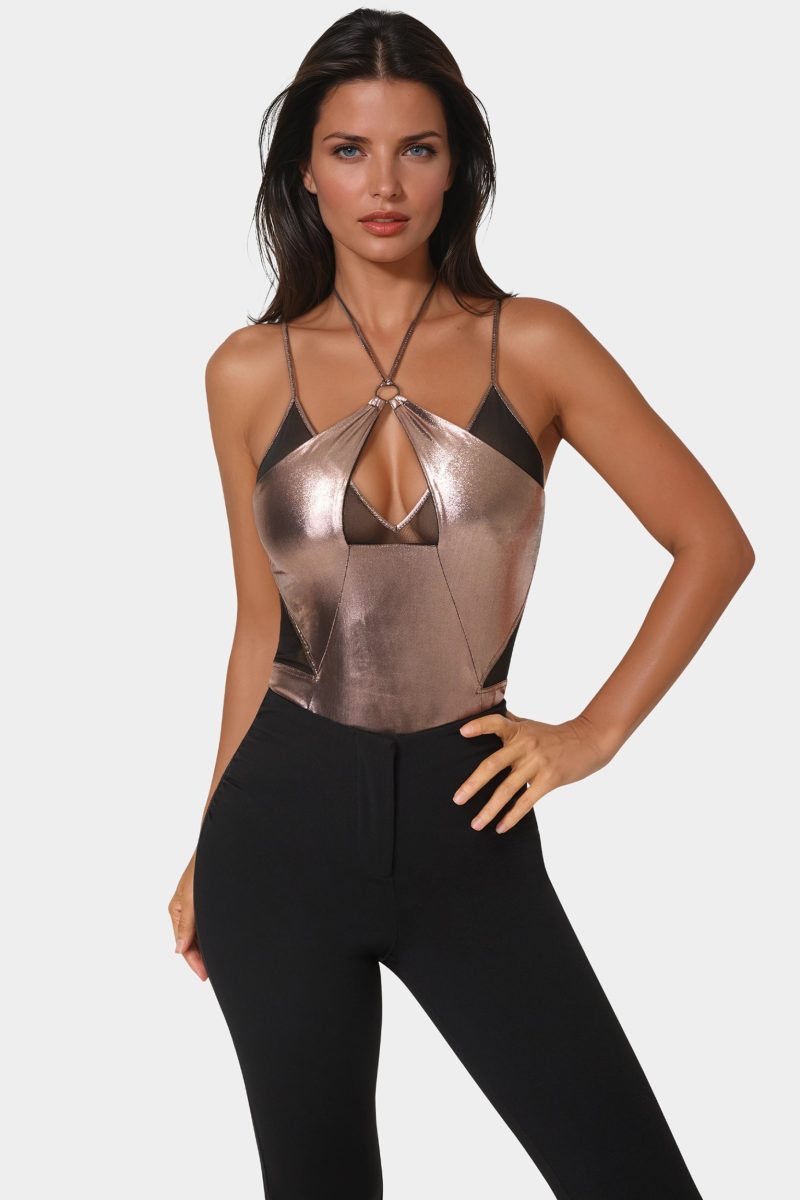 Metallic Foil Halter Neck Mesh Combo Bodysuit