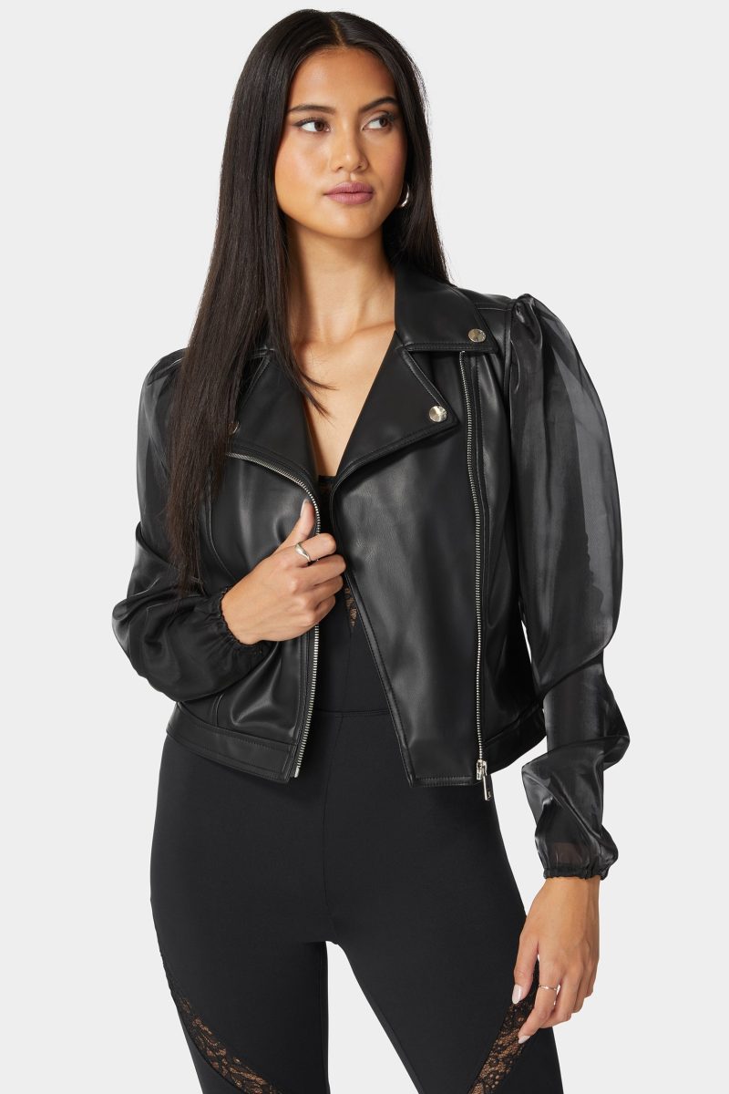 Ruched Organza Sleeve Vegan Leather Moto Jacket
