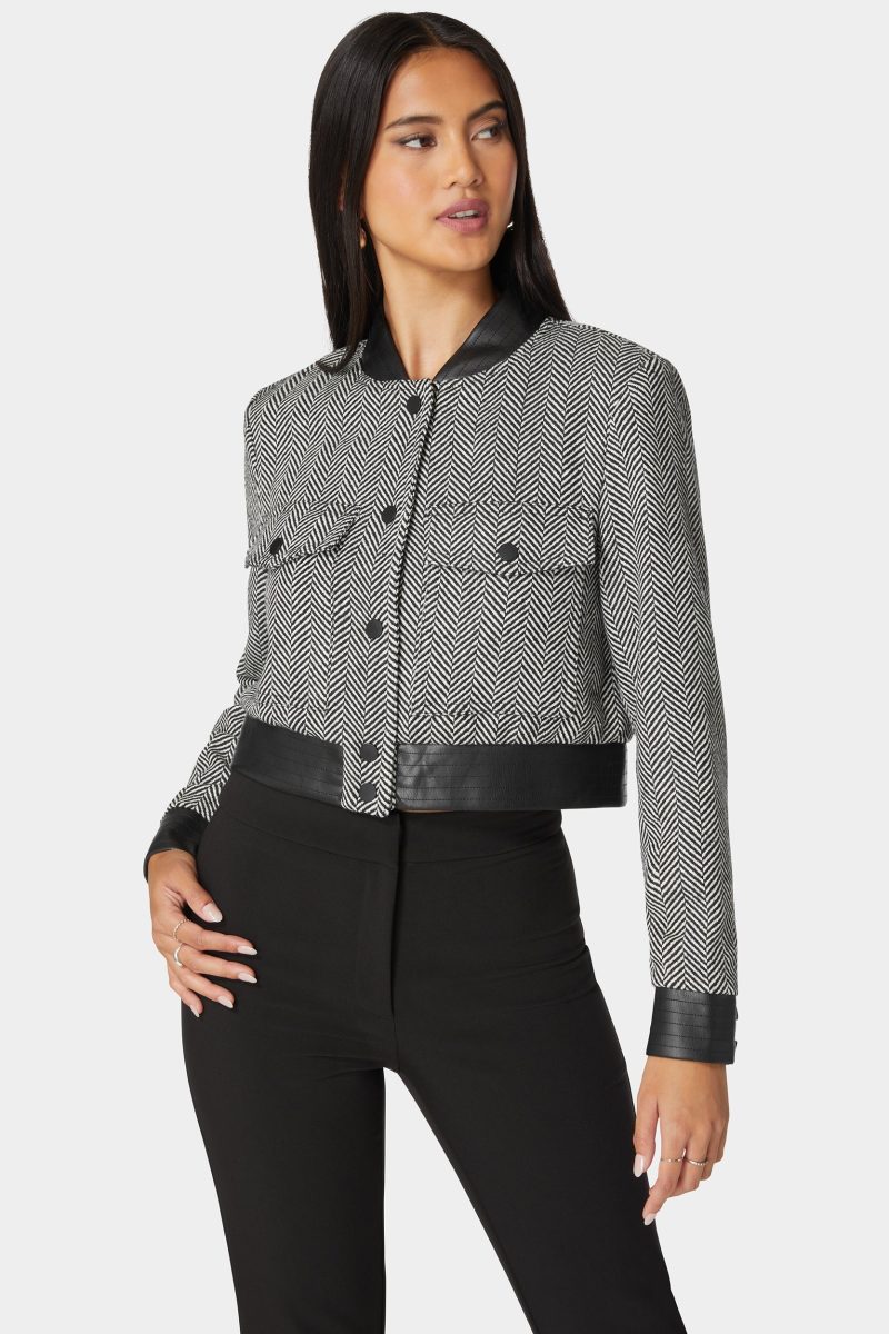 Vegan Leather Detail Novelty Chevron Jacket