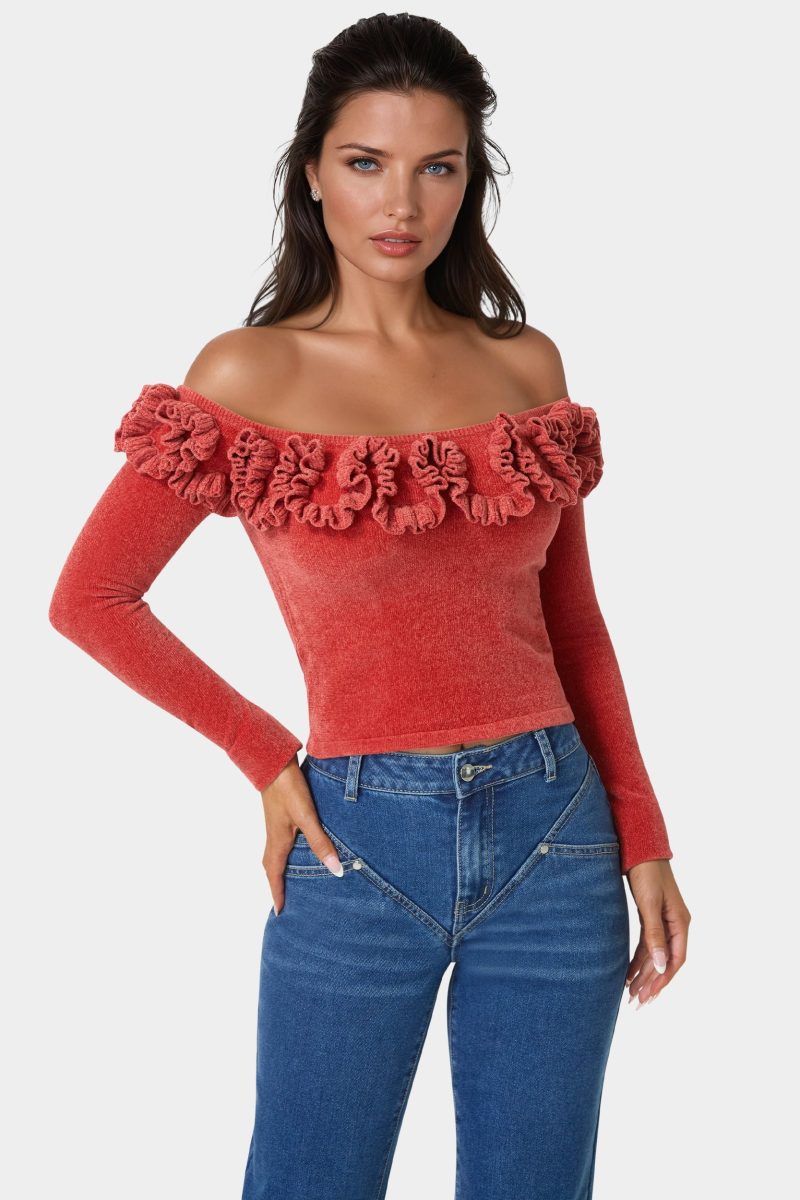 Off Shoulder Ruffle Detail Sweater