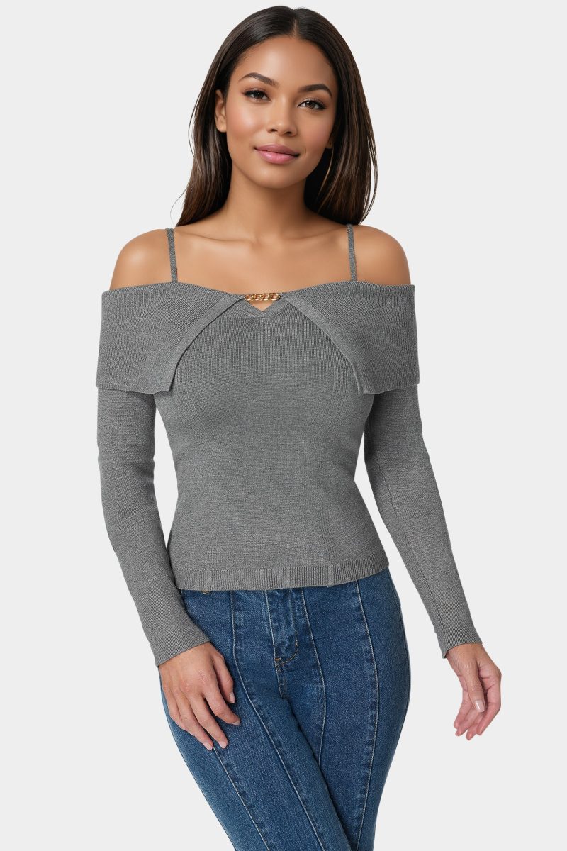 Off Shoulder Fold Over Chain Detail Sweater
