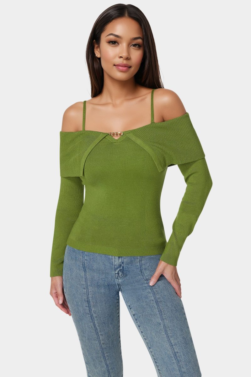 Off Shoulder Fold Over Chain Detail Sweater