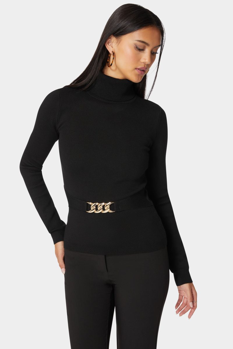 Fitted Turtle Neck Ornate Belt Sweater