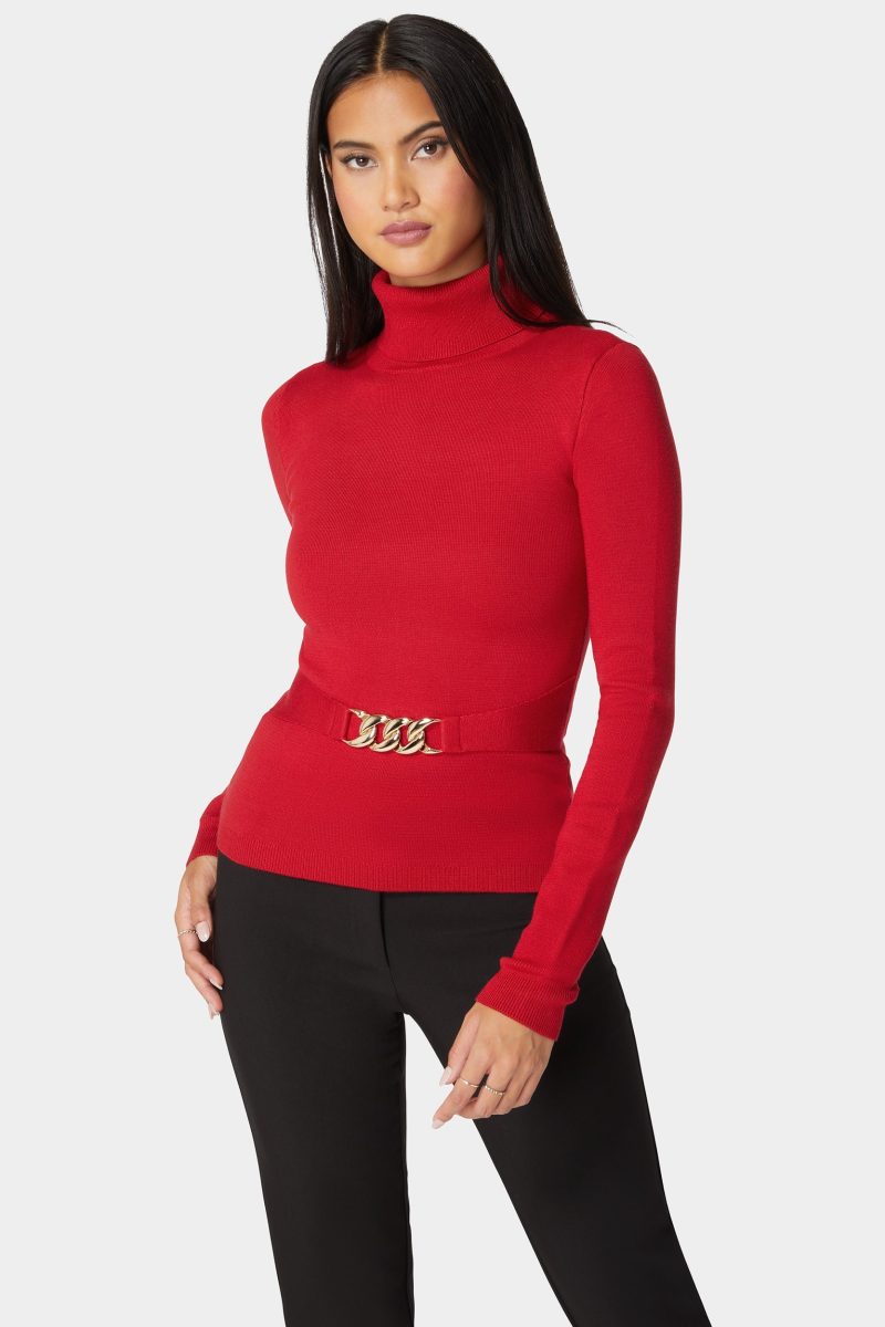 Fitted Turtle Neck Ornate Belt Sweater