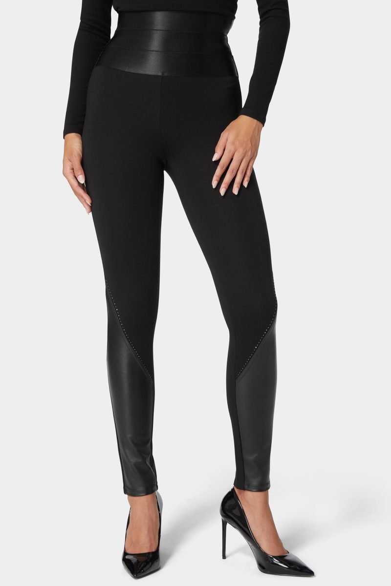 High Waist Stud Details Vegan Leather Insert Pdr Legging