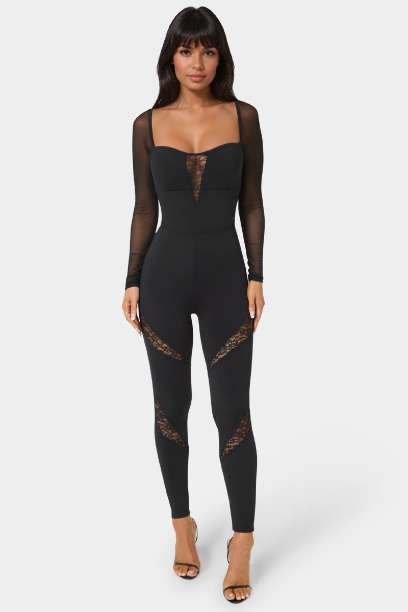 Mesh Sleeve Lace Insert Catsuit