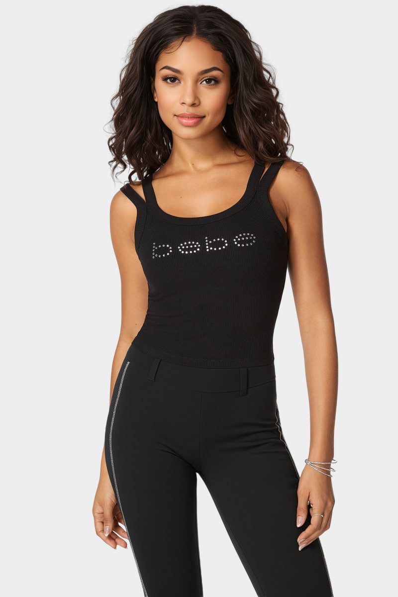 Bebe Logo Double Strap Single Stone Rib Top