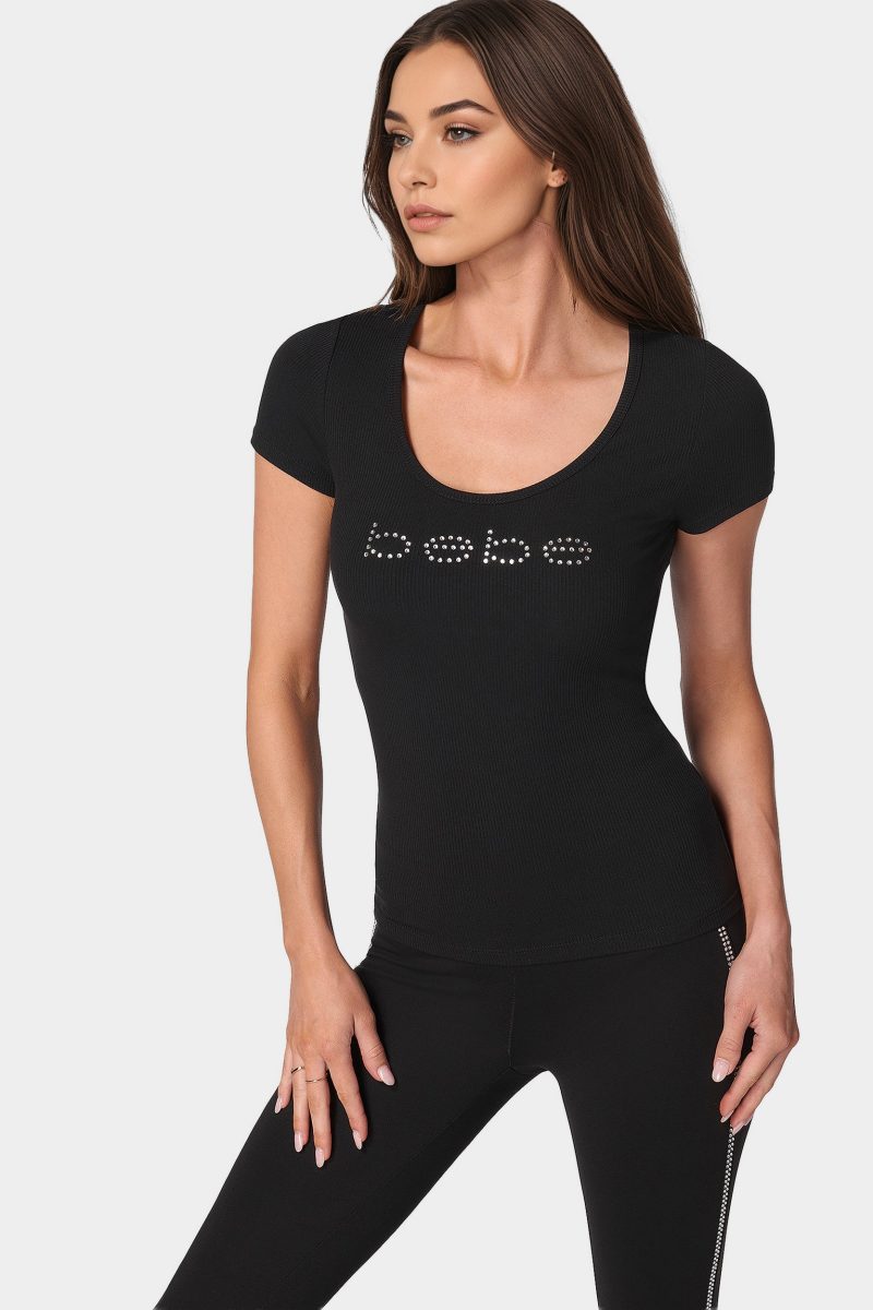 Bebe Logo Short Sleeve Scoop Neck Single Stone Rib Top