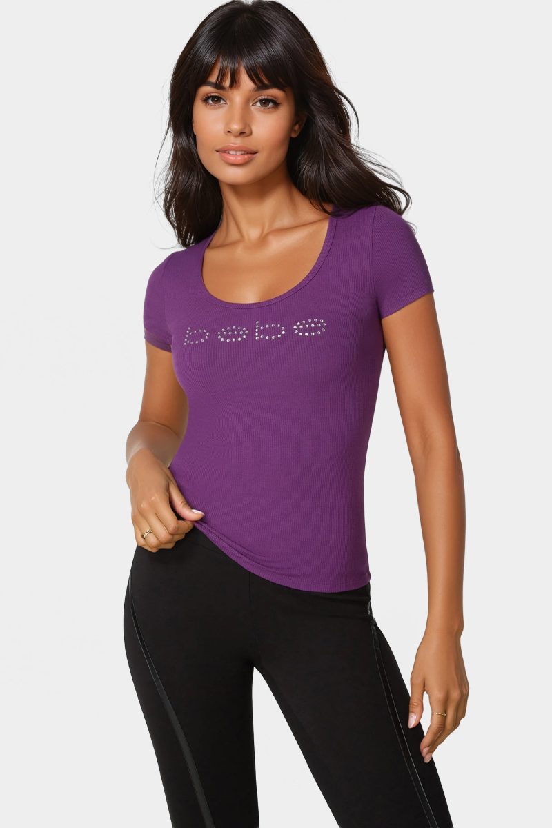 Bebe Logo Short Sleeve Scoop Neck Single Stone Rib Top