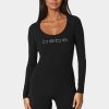 Bebe Logo Long Sleeve Scoop Neck Single Stone Rib Top