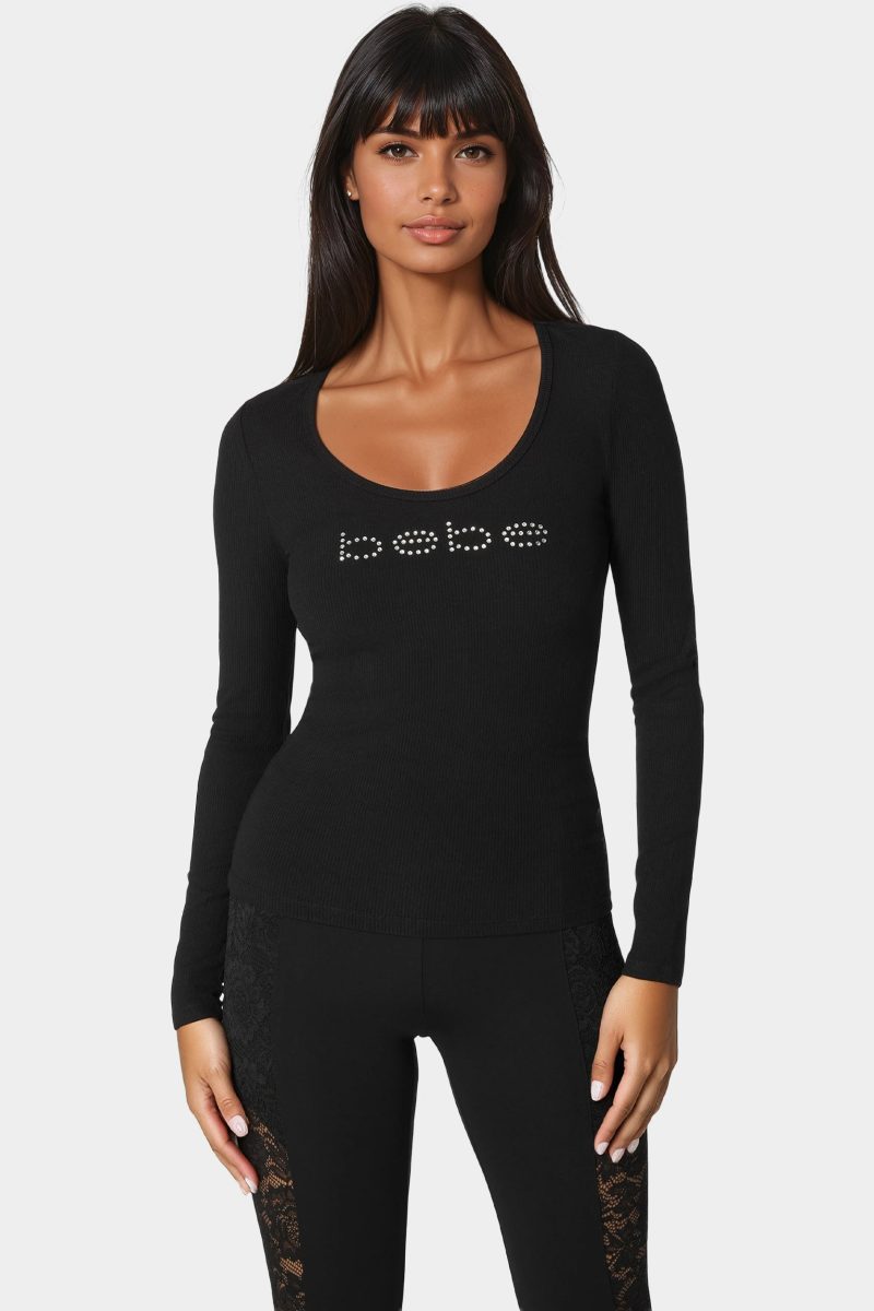 Bebe Logo Long Sleeve Scoop Neck Single Stone Rib Top