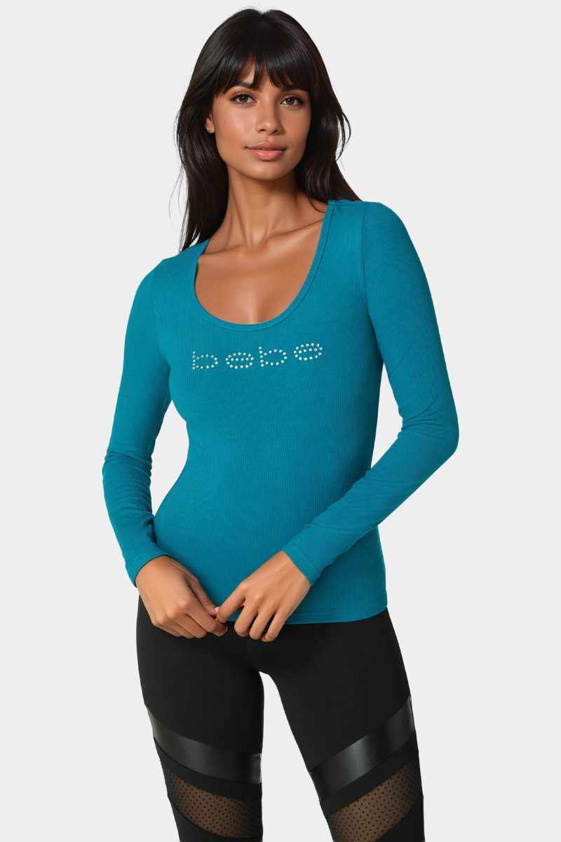 Bebe Logo Long Sleeve Scoop Neck Single Stone Rib Top