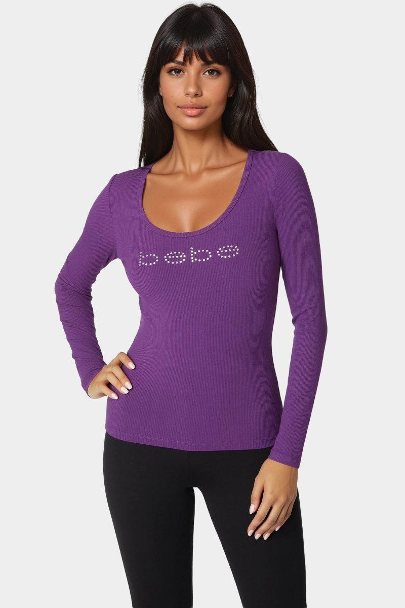 Bebe Logo Long Sleeve Scoop Neck Single Stone Rib Top