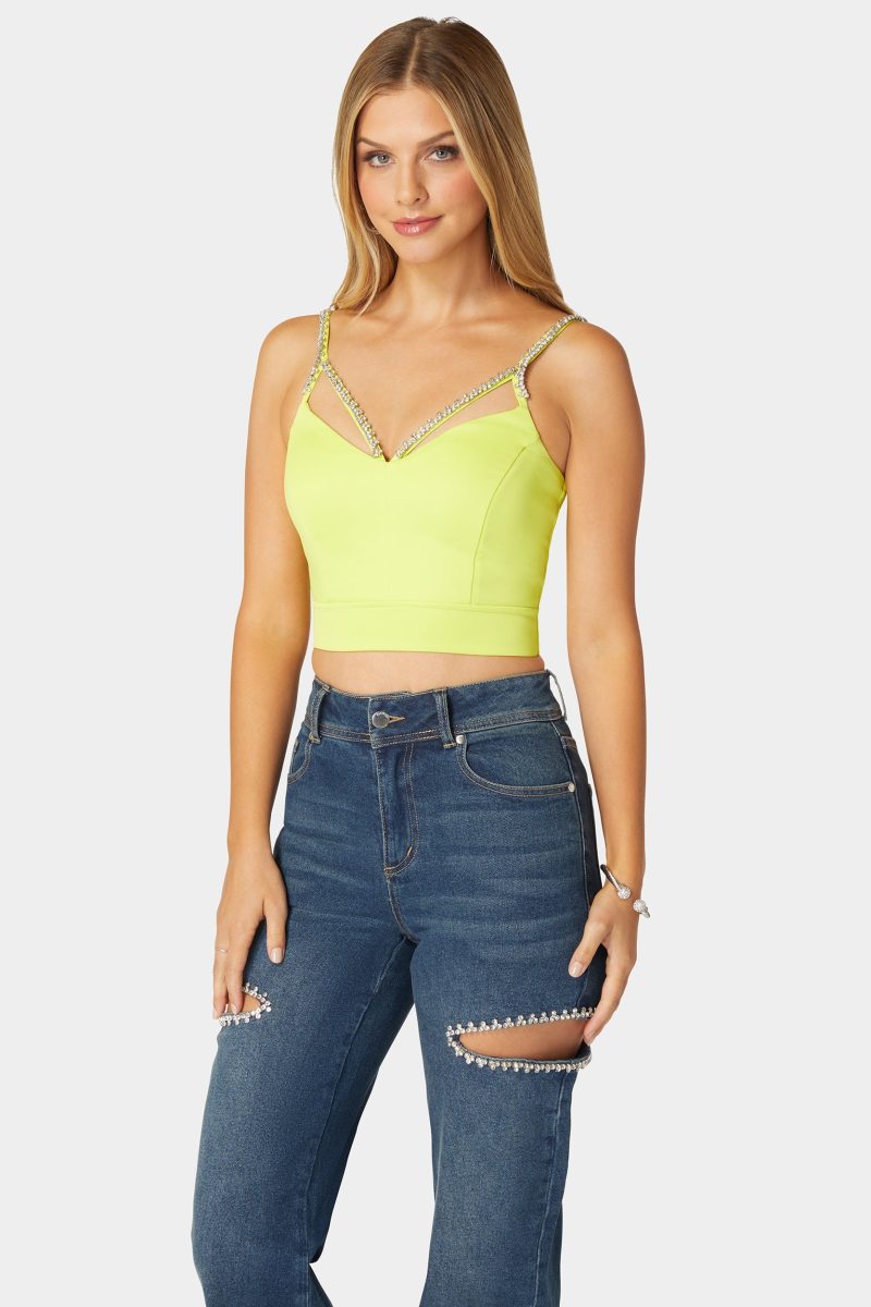 Rhinestone Trim Sleeveless Knit Top