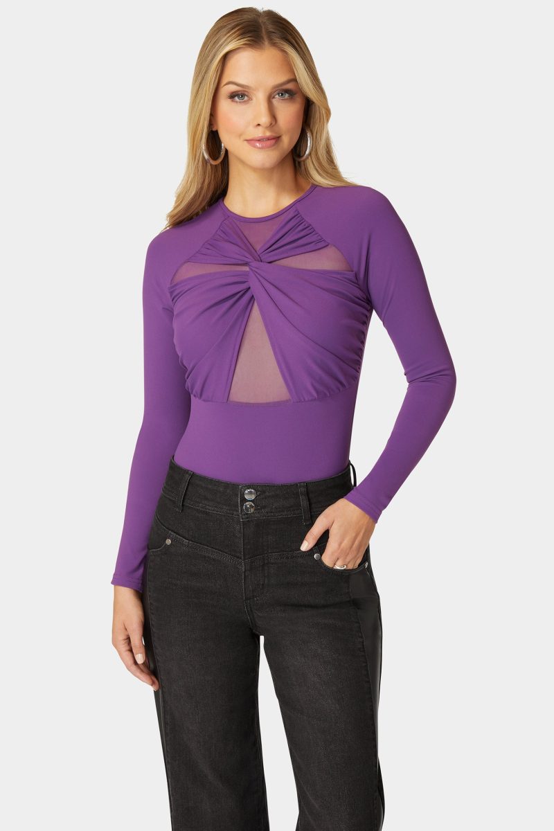 Mesh Combo Front Twist Knit Bodysuit