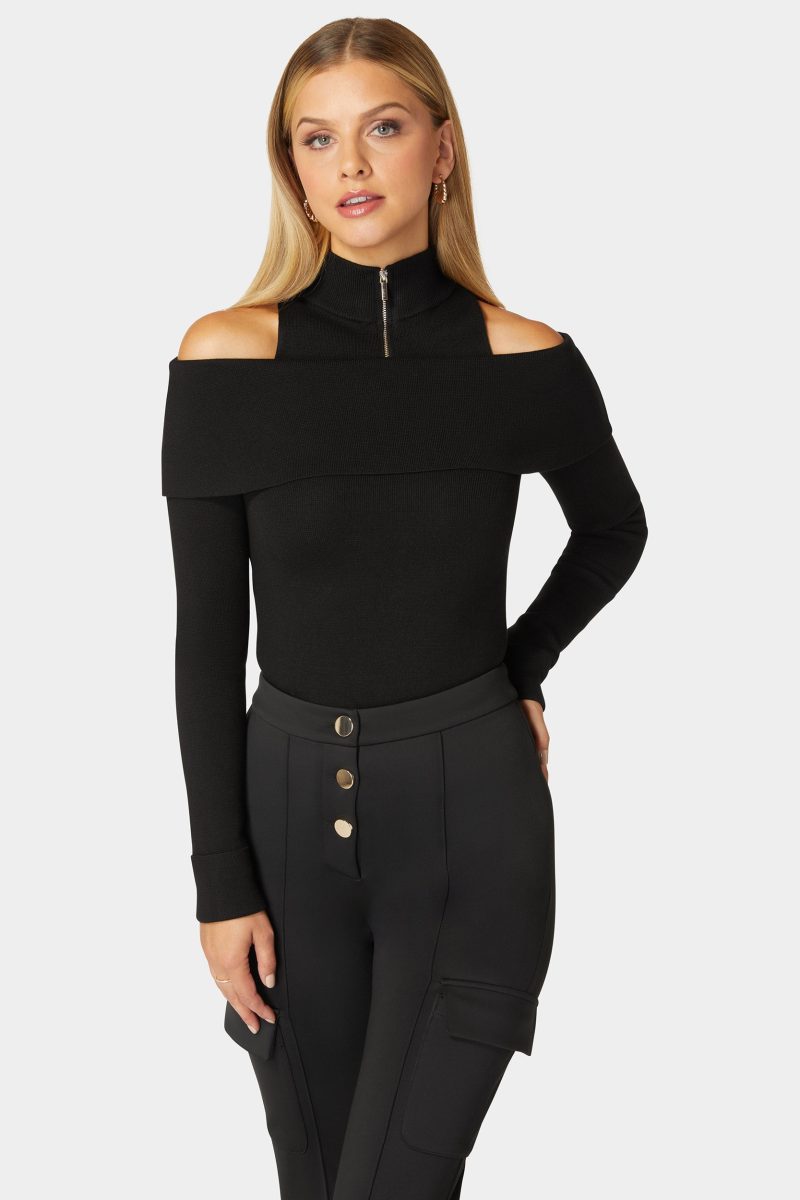 Mock Neck Zip Detail Cold Shoulder Sweater