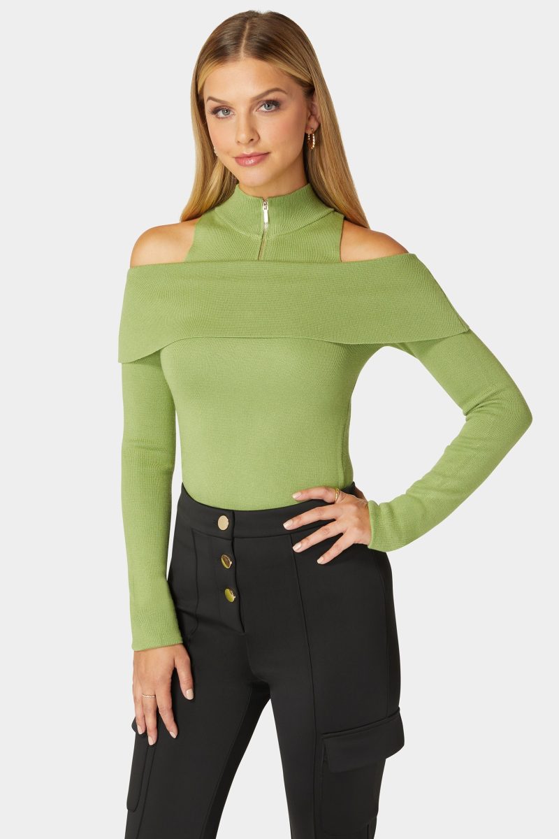 Mock Neck Zip Detail Cold Shoulder Sweater