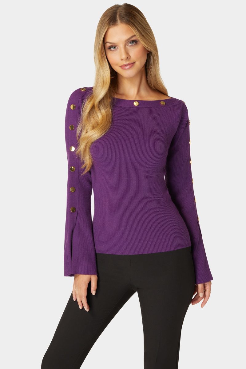 Off Shoulder Bateau Snapped Slit Sweater