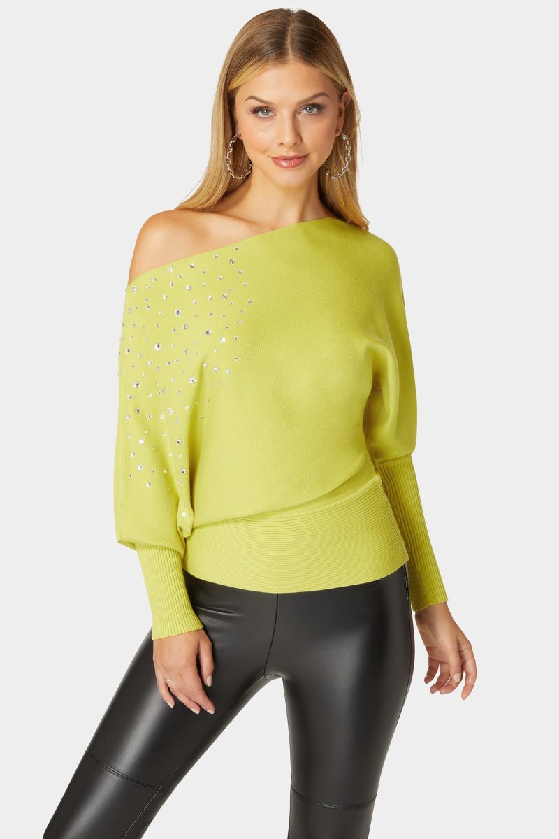Off Shoulder Studded Dolman Sleeve Sweater