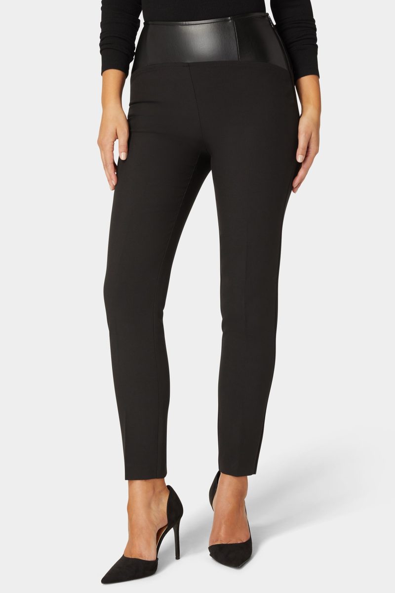 High Waist Vegan Leather Yoke Woven Twill Slim Leg Pant