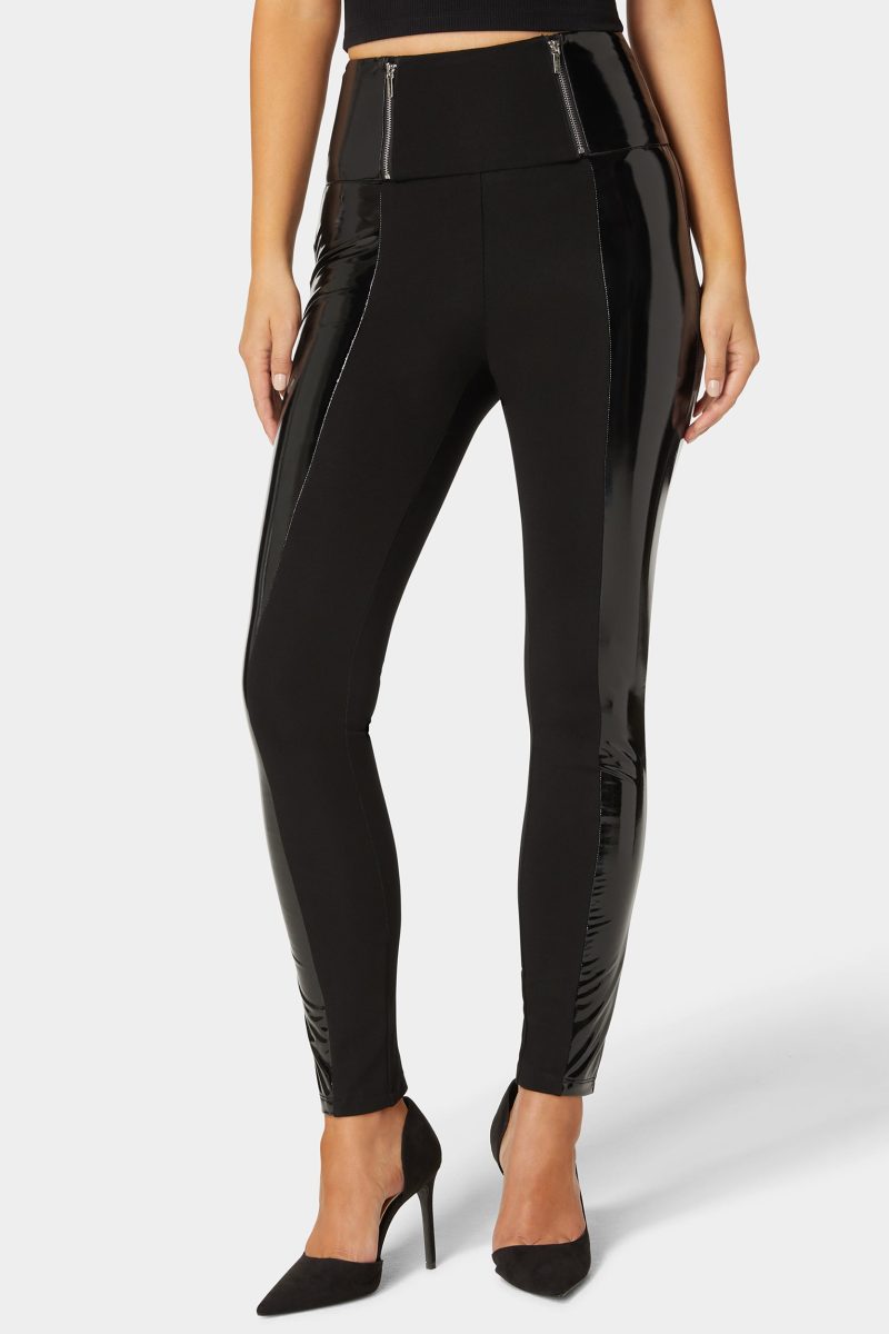 High Waist Zipper Detail Liquid Shine Combo Knit Legging
