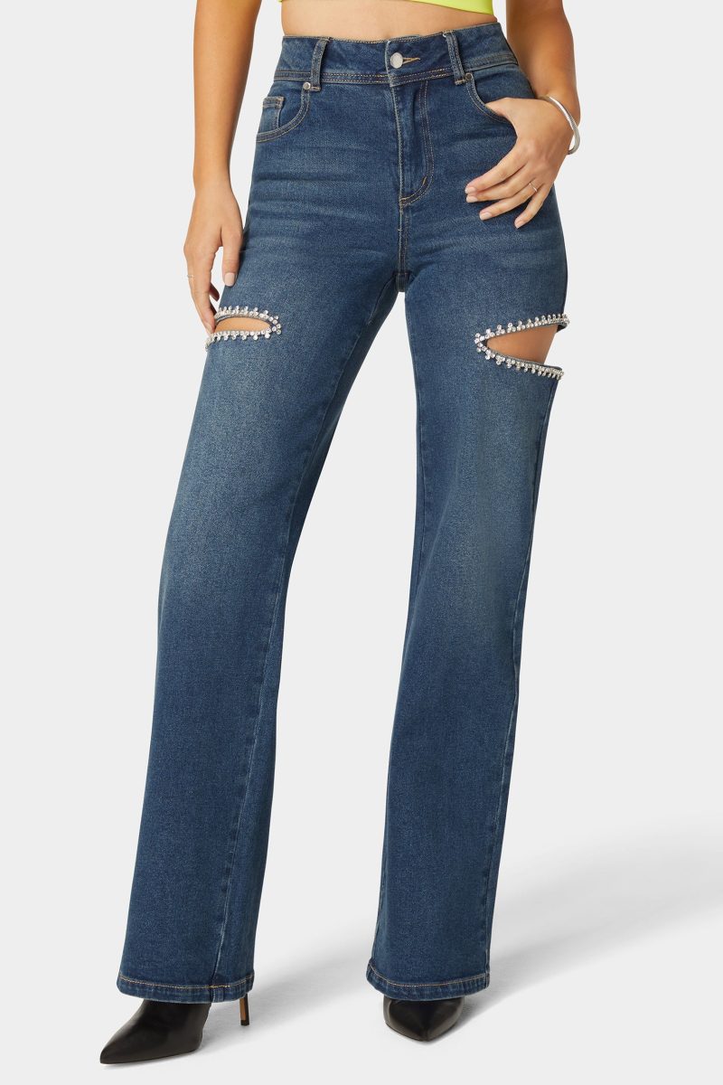 High Waist Studded Cut Out Wide Leg Jean