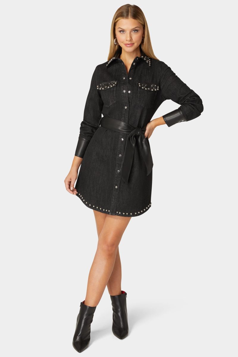 Fitted Combo Vegan Leather Studded Denim Shirt Dress