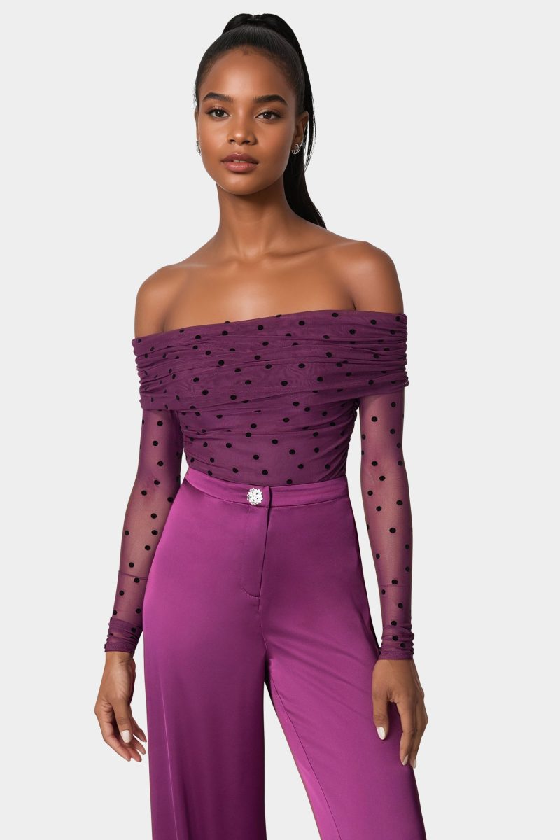 Off Shoulder Flocked Mesh Top