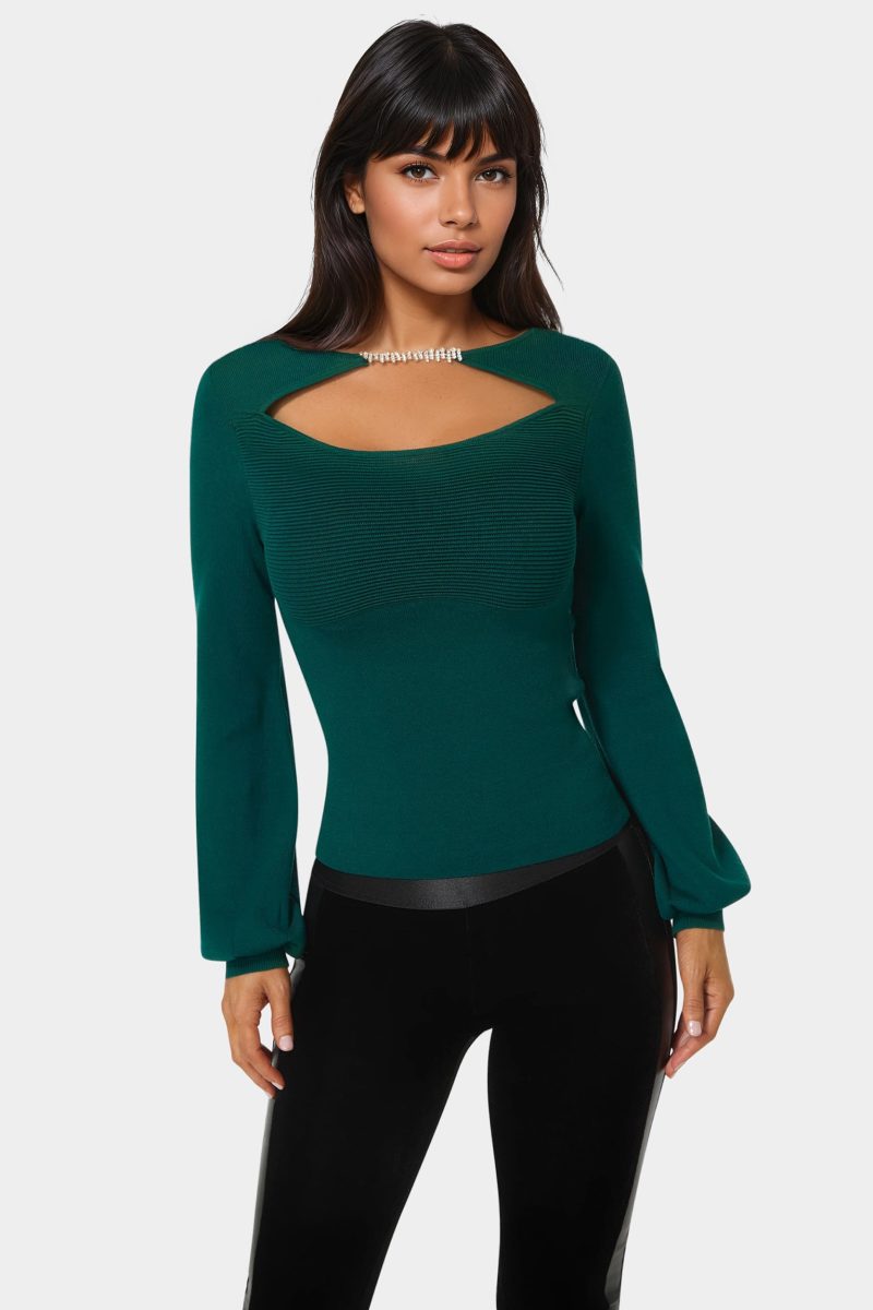 Open Neck Rhinestone Trim Sweater