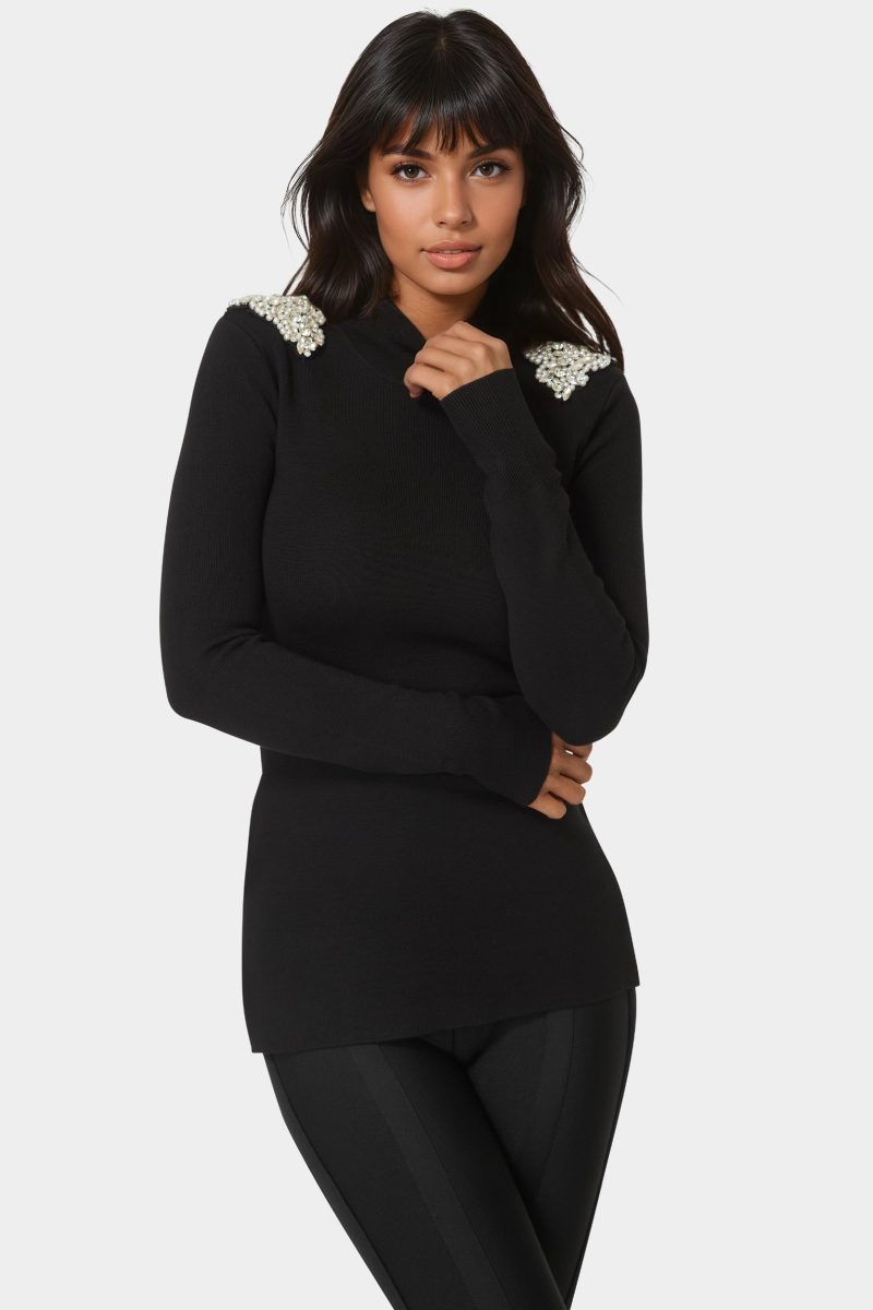 Embellished Mock Neck Tunic Sweater