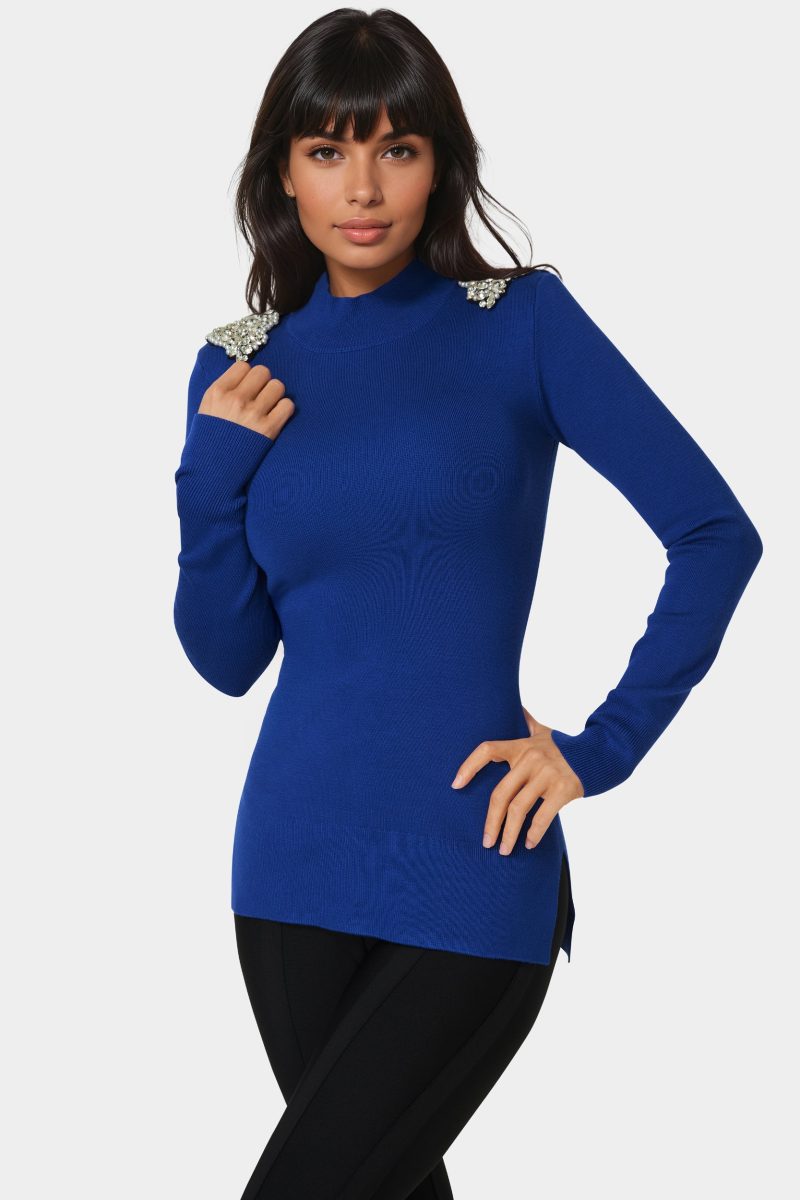 Embellished Mock Neck Tunic Sweater