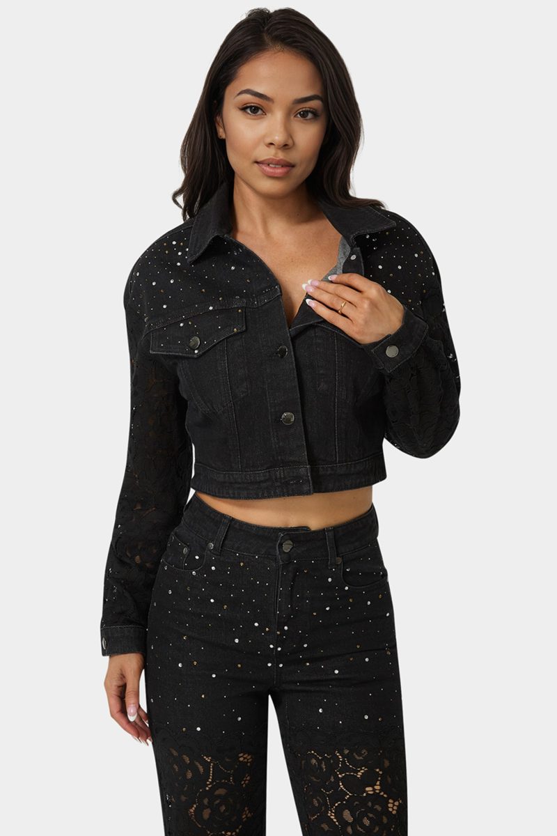 Drop Shoulder Embellished Lace Denim Jacket