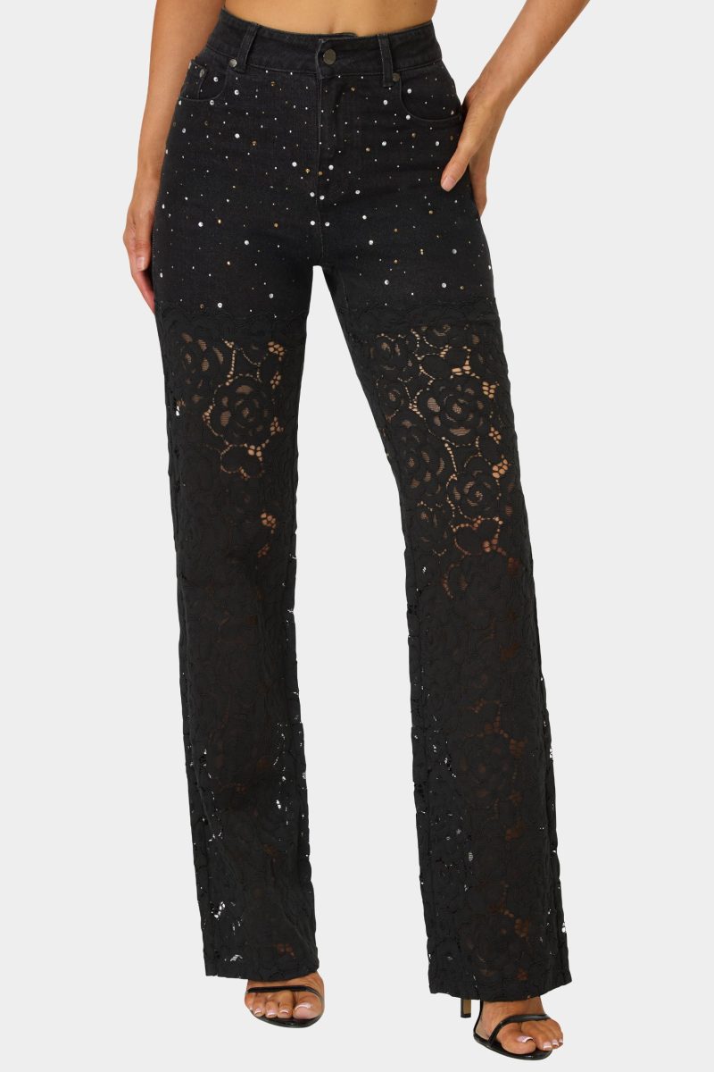 High Waist Embellished Lace Wide Leg Jeans