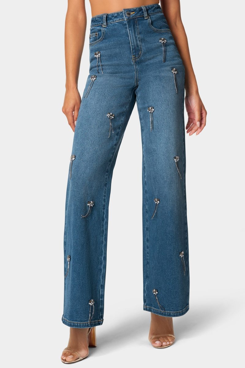 High Waist Clustered Rhinestone Wide Leg Jeans