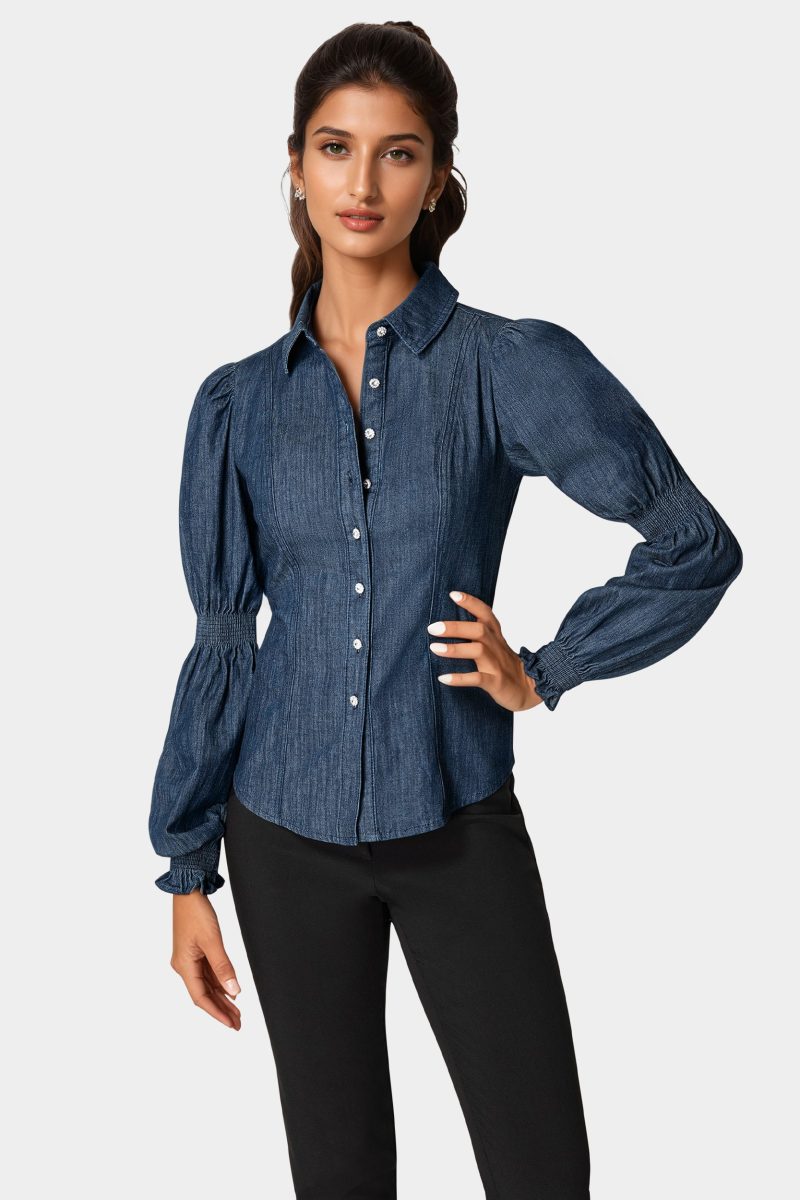 Jewel Detail Smocked Denim Blouse